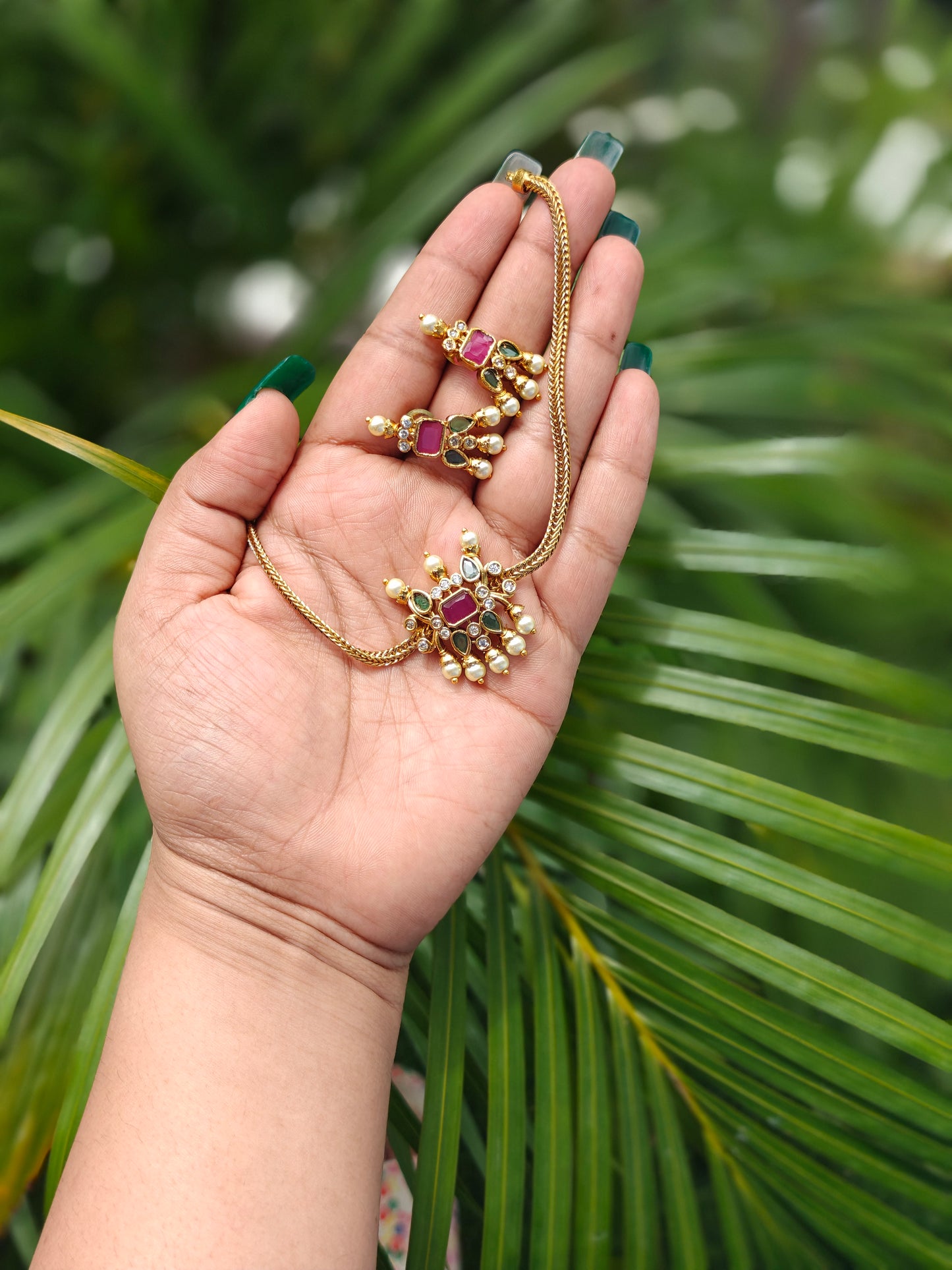 Ruby Emerald Pearl Pendant Set