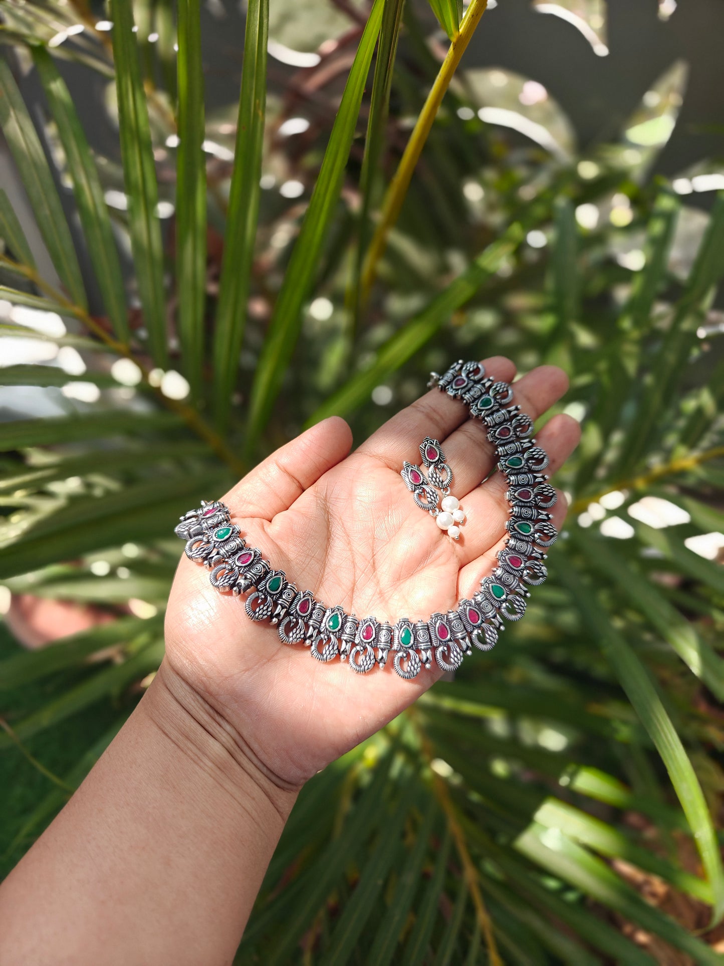 Oxidised Ruby-Emerald Necklace