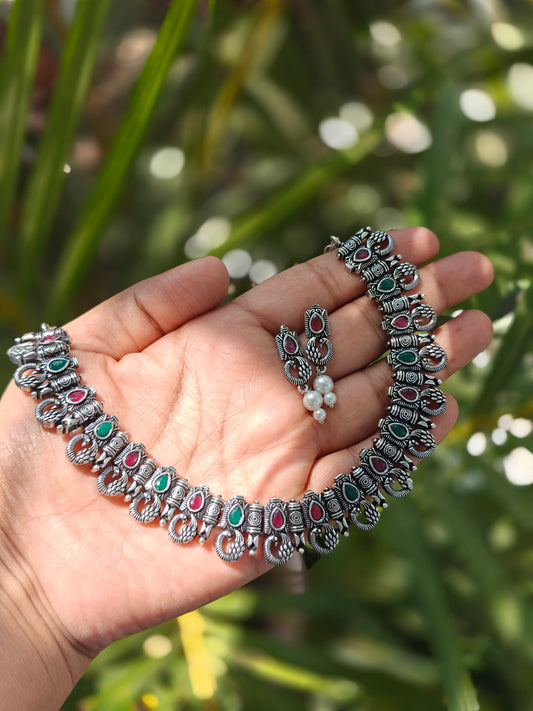 Oxidised Ruby-Emerald Necklace